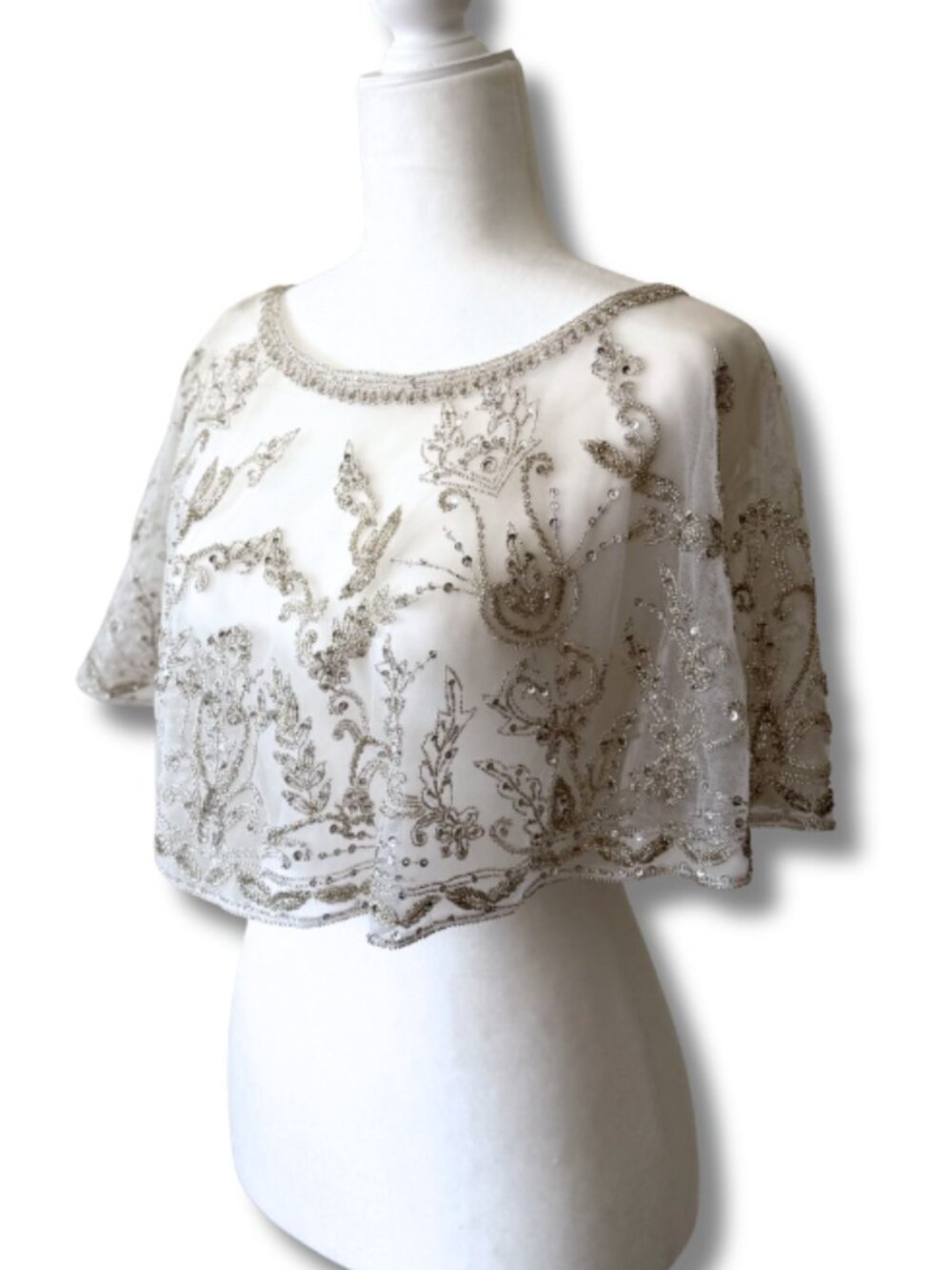 White Silver Sheer Caplet with Rhinestones and Beading